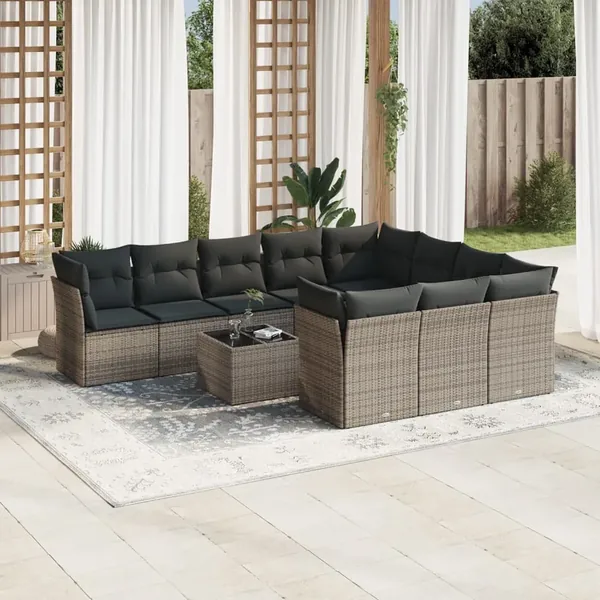 Salon de jardin 11 pcs avec coussins gris résine tressée