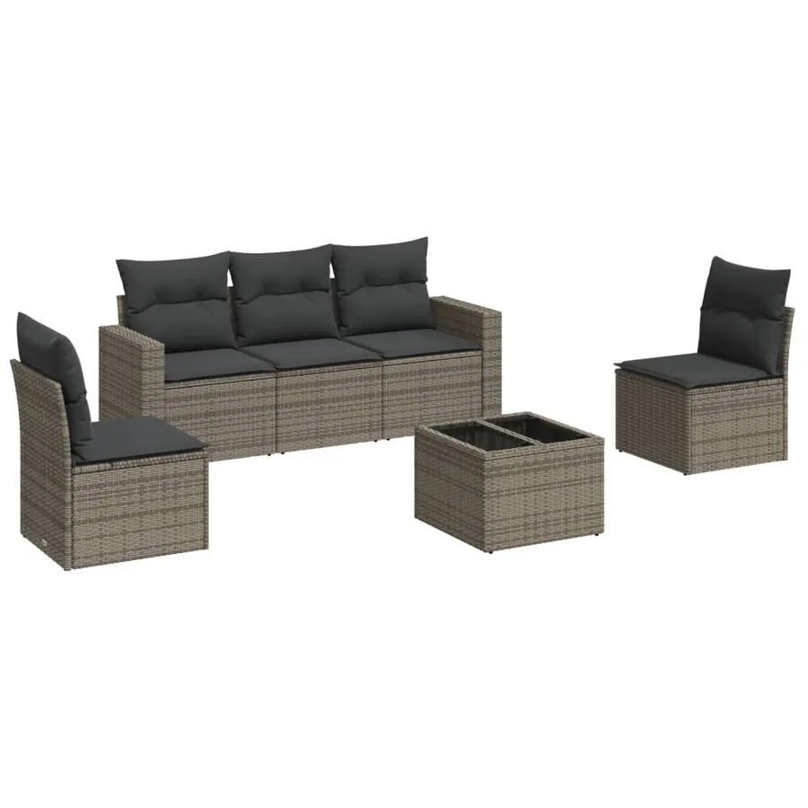 Salon de jardin 6 pcs avec coussins gris résine tressée - 2