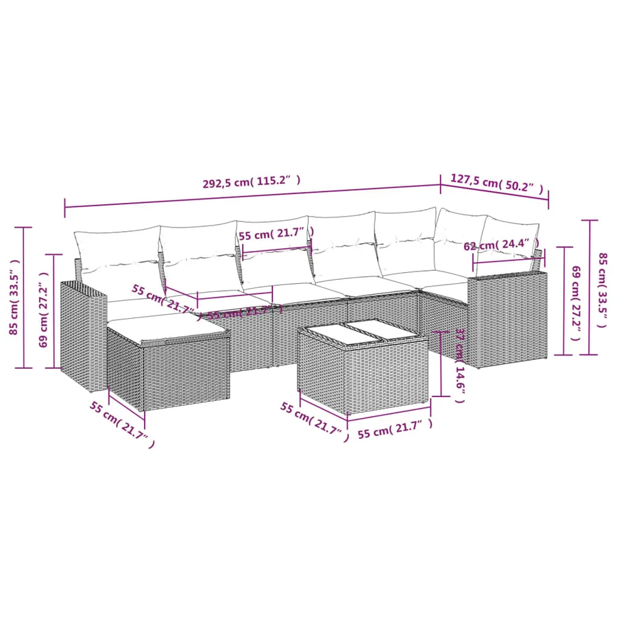 Salon de jardin 8 pcs avec coussins gris résine tressée - 3