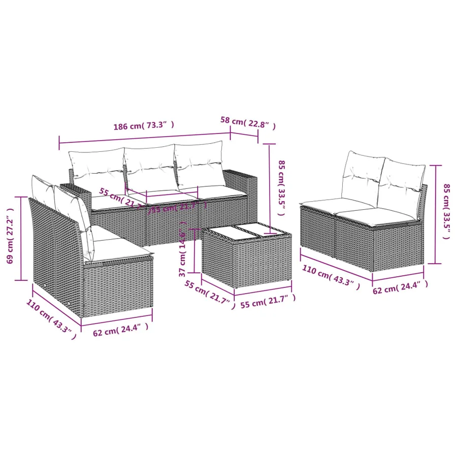 Salon de jardin 8 pcs avec coussins gris résine tressée - 3
