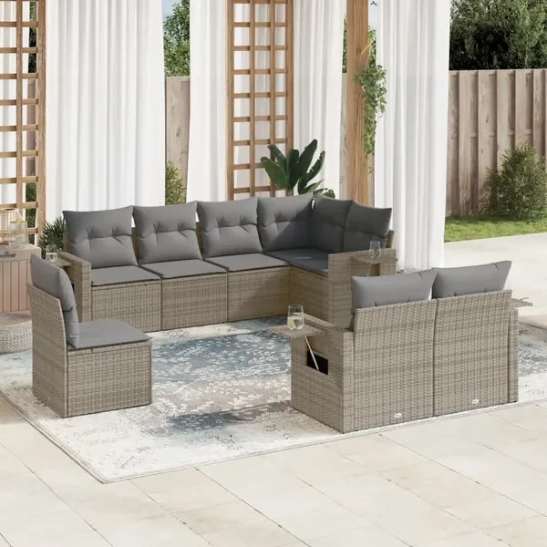 Salon de jardin 8 pcs avec coussins gris résine tressée