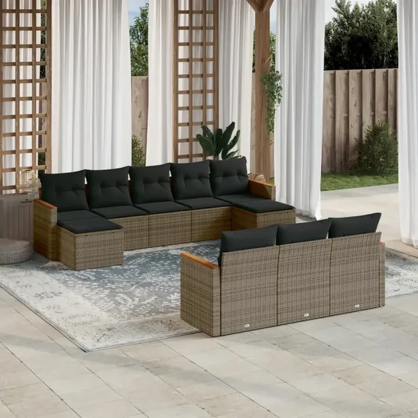 Salon de jardin avec coussins 10 pcs gris résine tressée