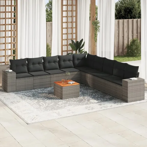 Salon de jardin avec coussins 10 pcs gris résine tressée