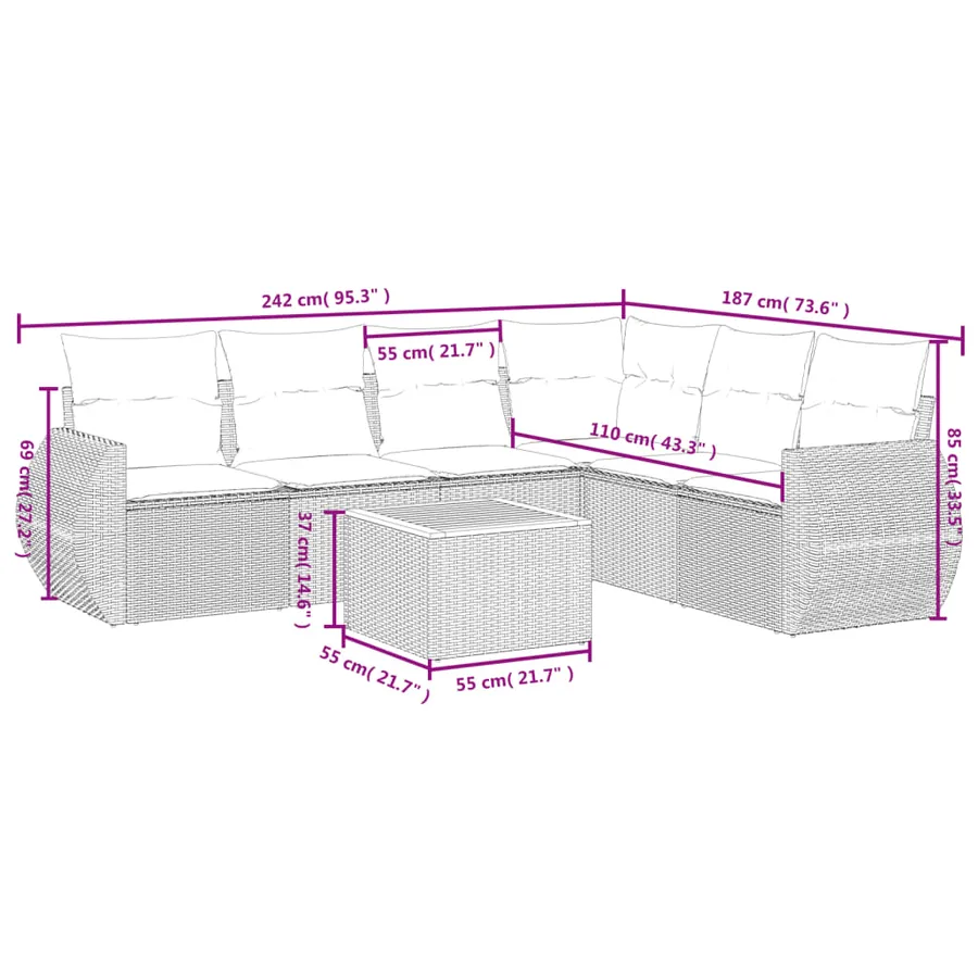 Salon de jardin avec coussins 7 pcs gris résine tressée - 3
