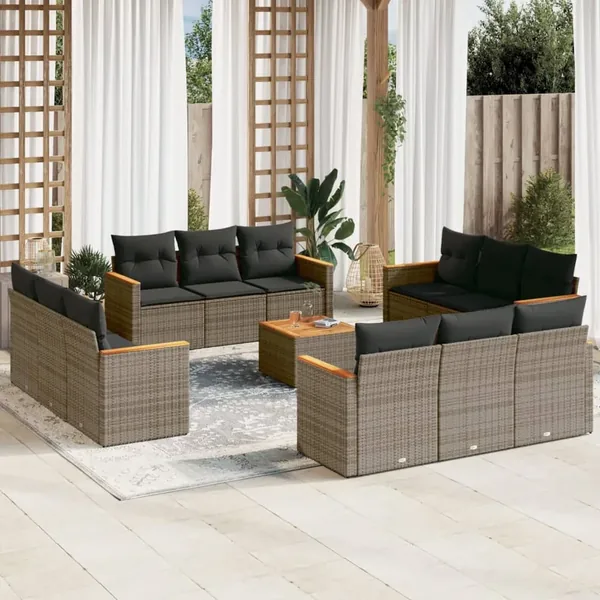 Salon de jardin avec coussins 13 pcs gris résine tressée