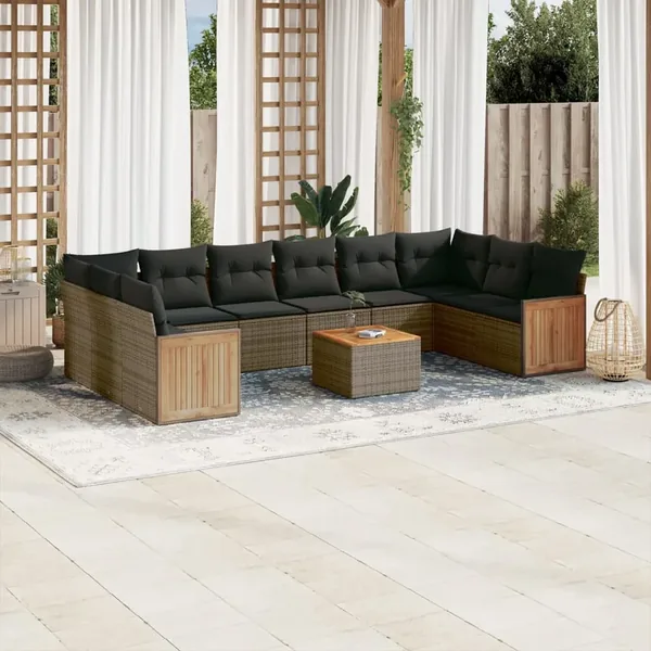 Salon de jardin 11 pcs avec coussins gris résine tressée