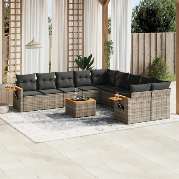 Salon de jardin 11 pcs avec coussins gris résine tressée
