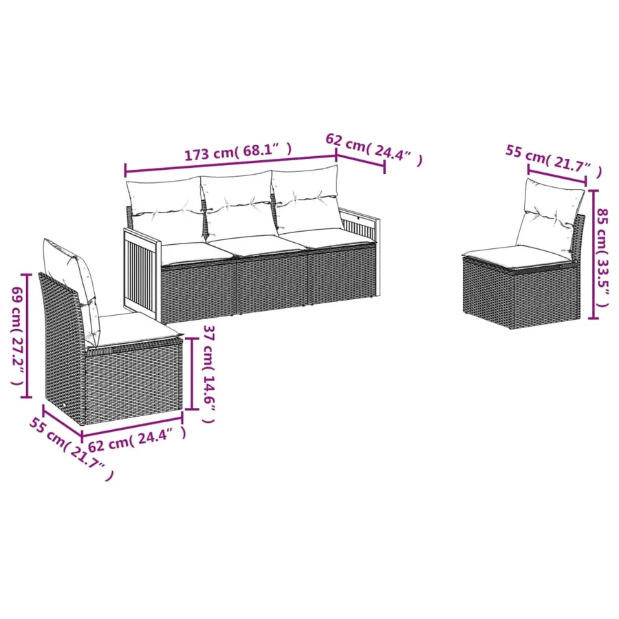 Salon de jardin 5 pcs avec coussins gris résine tressée - 3