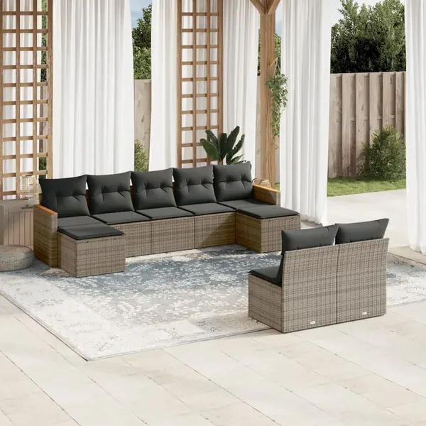 Salon de jardin 9 pcs avec coussins gris résine tressée
