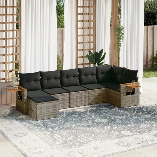 Salon de jardin avec coussins 7 pcs gris résine tressée