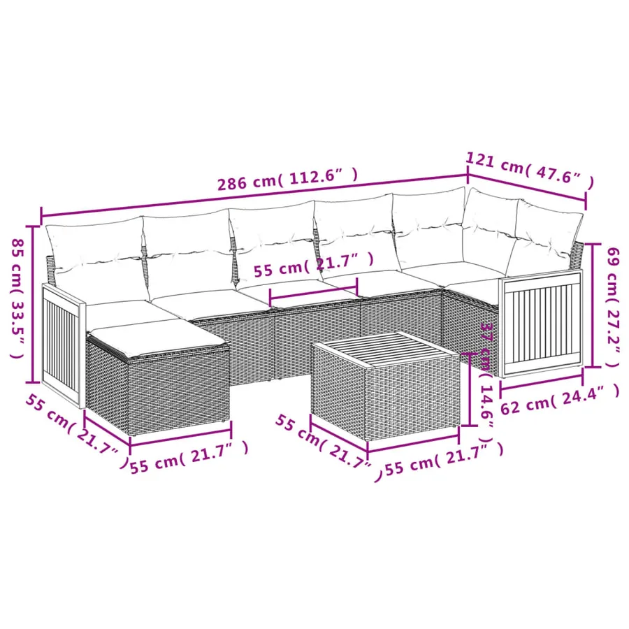 Salon de jardin 8 pcs avec coussins gris résine tressée - 3
