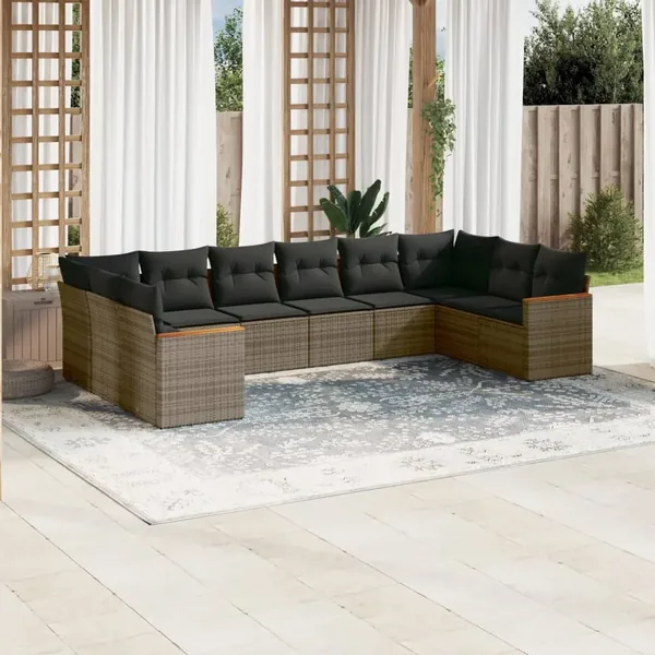 Salon de jardin avec coussins 10 pcs gris résine tressée