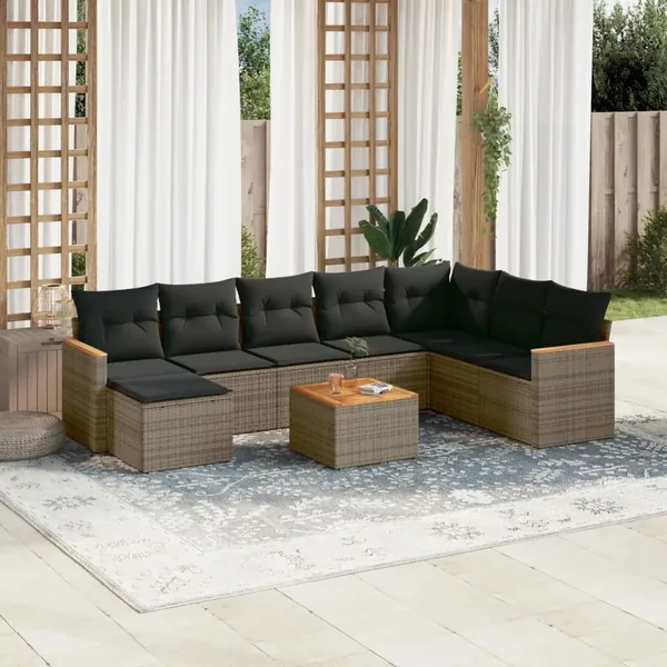 Salon de jardin 9 pcs avec coussins gris résine tressée