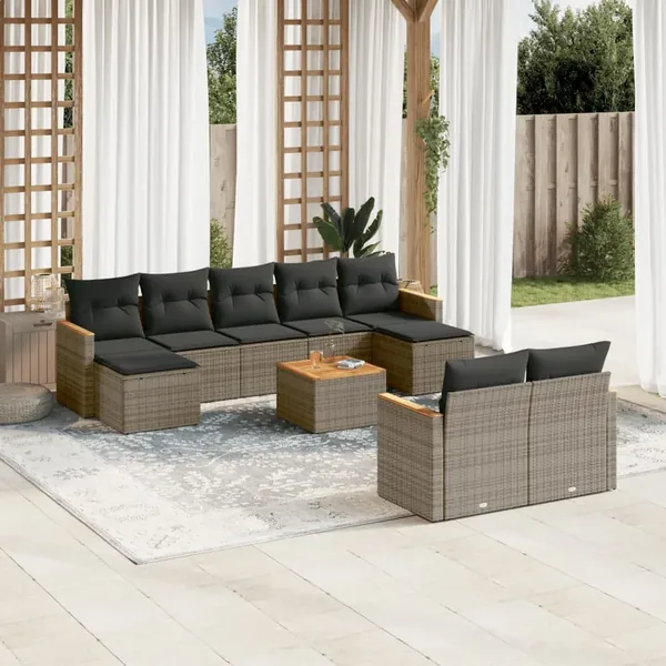 Salon de jardin avec coussins 10 pcs gris résine tressée