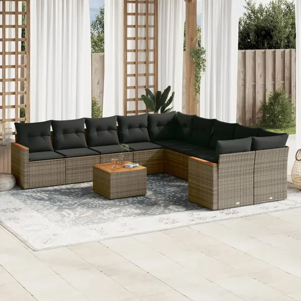 Salon de jardin 11 pcs avec coussins gris résine tressée