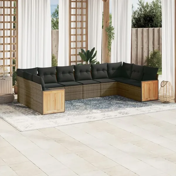 Salon de jardin avec coussins 10 pcs gris résine tressée