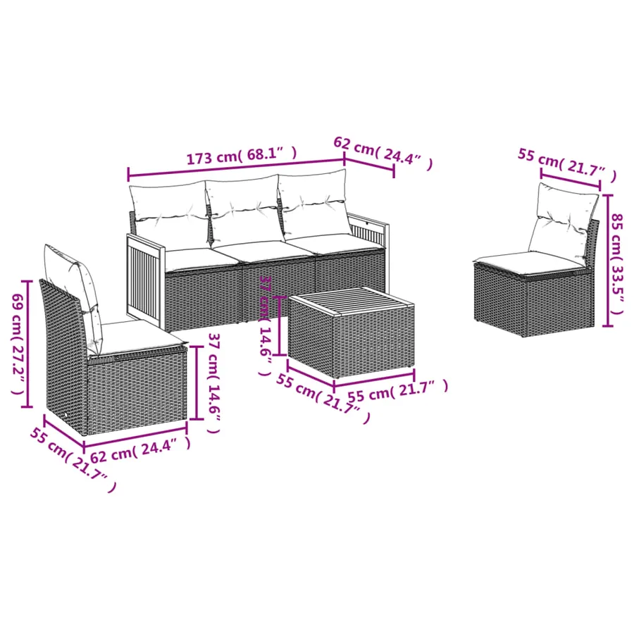 Salon de jardin 6 pcs avec coussins gris résine tressée - 3