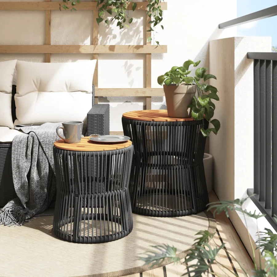 Tables d'appoint de jardin 2 pcs dessus en bois noir poly rotin - 3