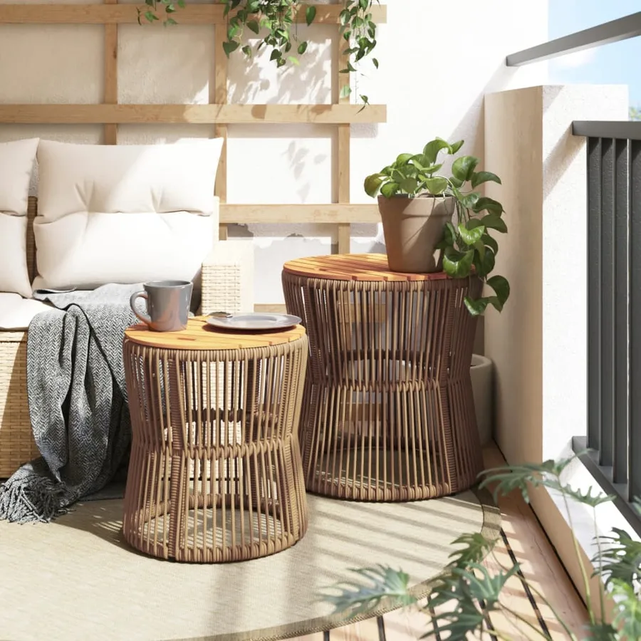 Tables d'appoint de jardin 2pcs dessus en bois beige poly rotin - 3