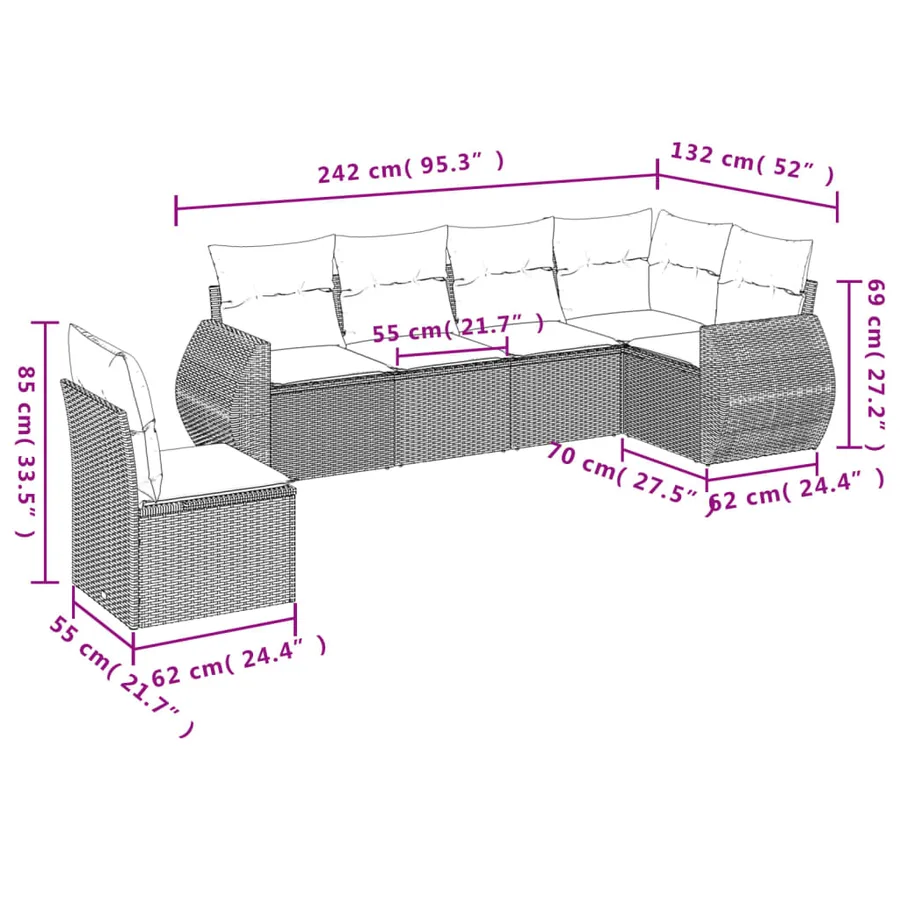 Salon de jardin 6 pcs avec coussins gris résine tressée - 3