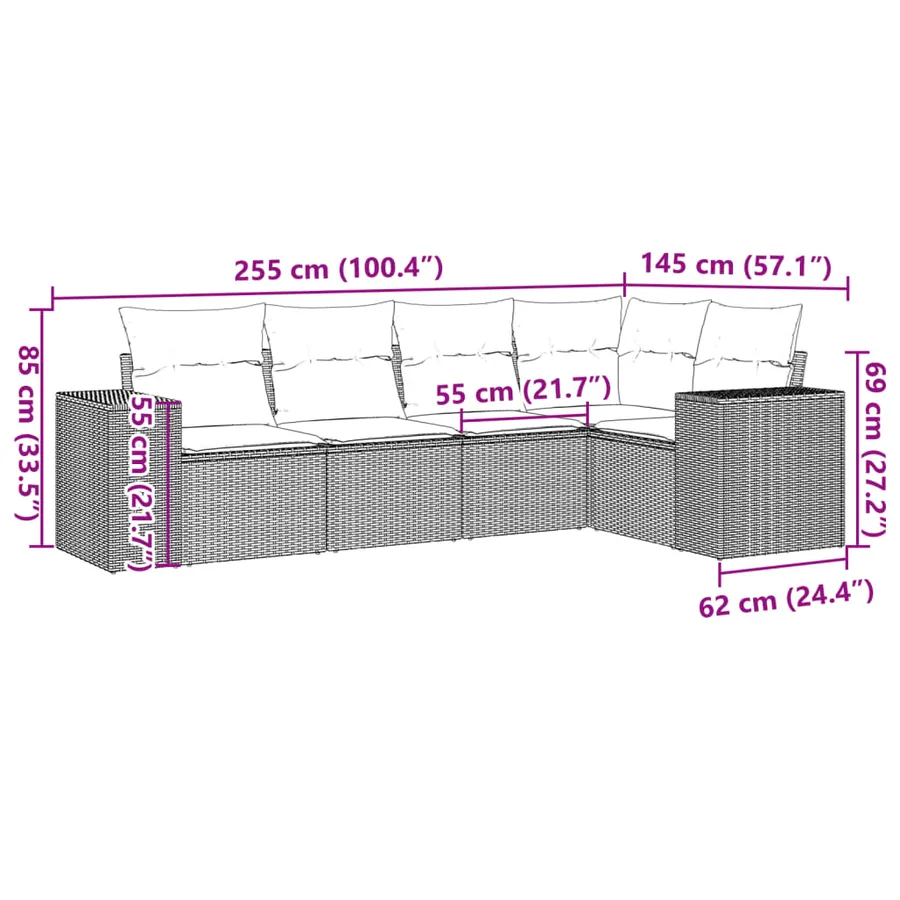 Salon de jardin 5 pcs avec coussins gris résine tressée - 3