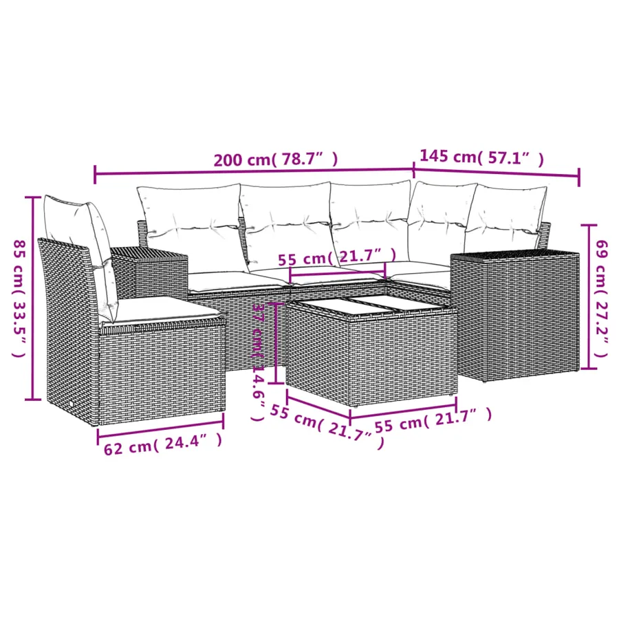Salon de jardin 6 pcs avec coussins gris résine tressée - 3
