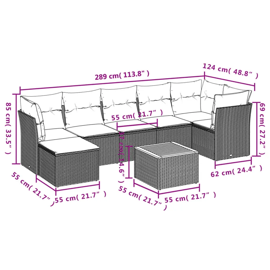 Salon de jardin 8 pcs avec coussins gris résine tressée - 11