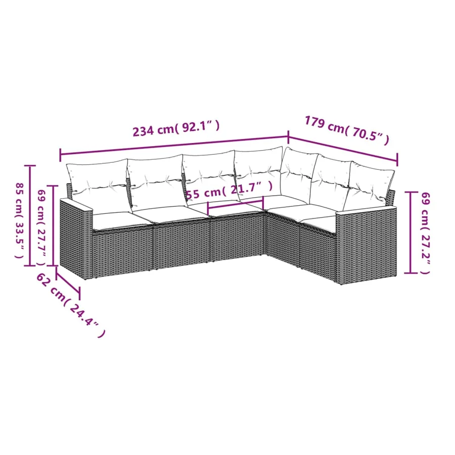 Salon de jardin 6 pcs avec coussins gris résine tressée - 3