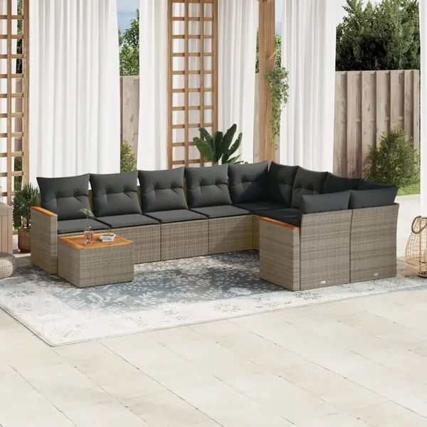 Salon de jardin avec coussins 10 pcs gris résine tressée