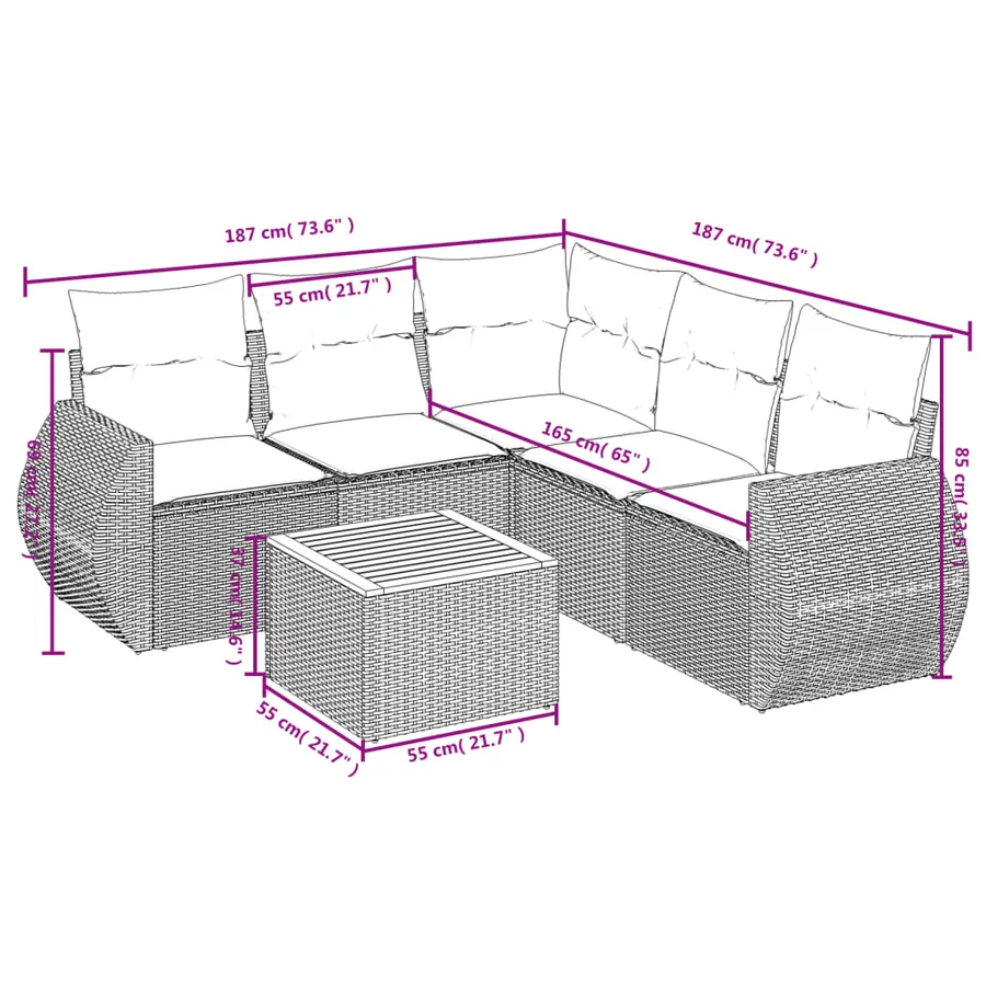 Salon de jardin 6 pcs avec coussins gris résine tressée - 3