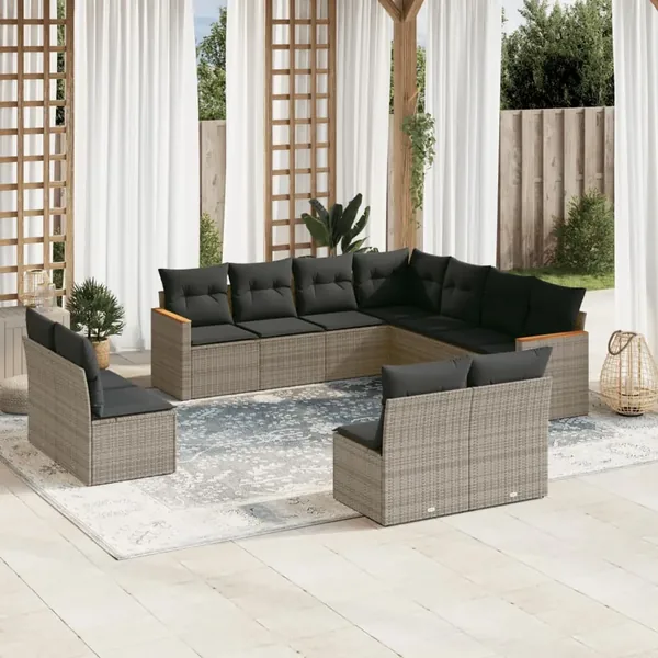 Salon de jardin 11 pcs avec coussins gris résine tressée