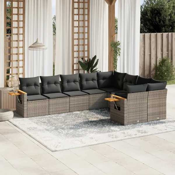 Salon de jardin 9 pcs avec coussins gris résine tressée