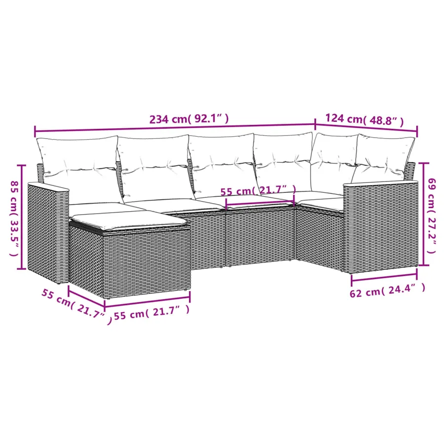 Salon de jardin 6 pcs avec coussins gris résine tressée - 3