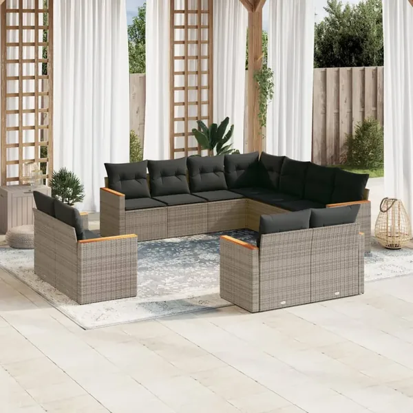 Salon de jardin 11 pcs avec coussins gris résine tressée