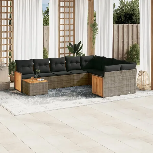 Salon de jardin avec coussins 10 pcs gris résine tressée