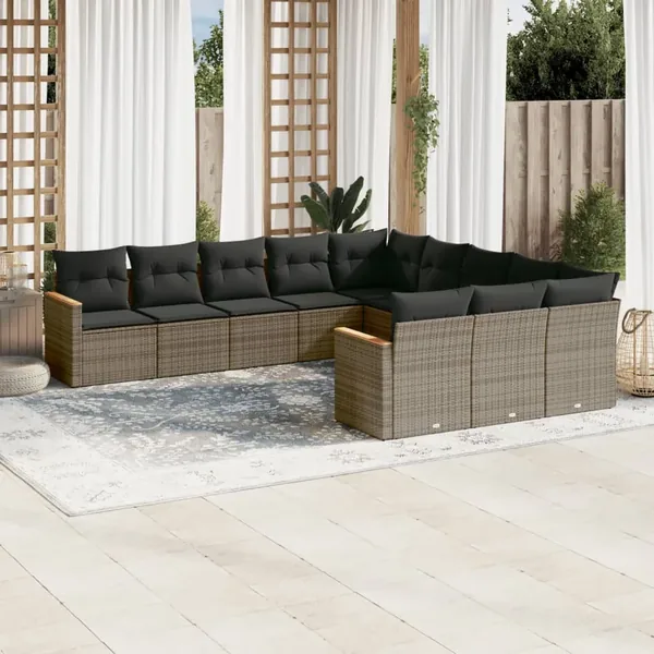 Salon de jardin 11 pcs avec coussins gris résine tressée