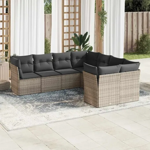 Salon de jardin 8 pcs avec coussins gris résine tressée