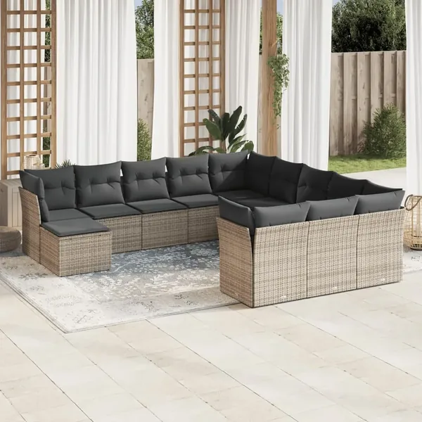 Salon de jardin avec coussins 12 pcs gris résine tressée