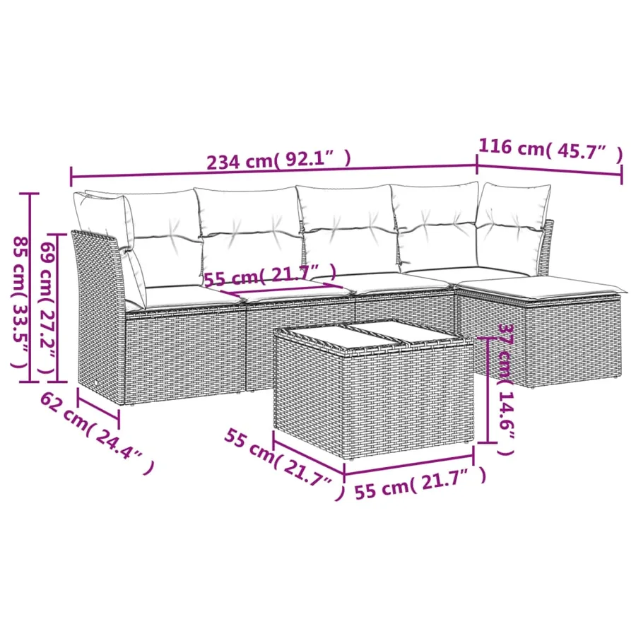 Salon de jardin 6 pcs avec coussins gris résine tressée - 3
