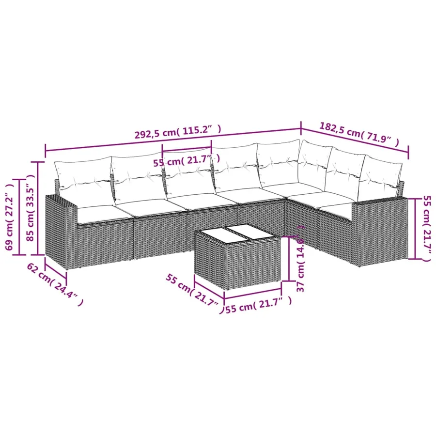 Salon de jardin 8 pcs avec coussins gris résine tressée - 3