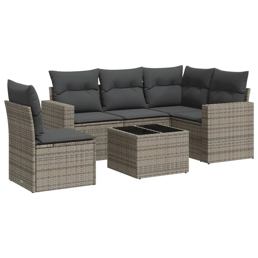 Salon de jardin 6 pcs avec coussins gris résine tressée - 2