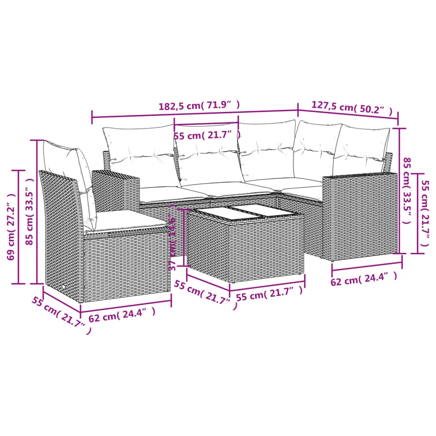 Salon de jardin 6 pcs avec coussins gris résine tressée - 3