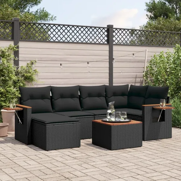 Salon de jardin 7 pcs avec coussins noir résine tressée 62 x 62 x 69 cm - 59,4 kg