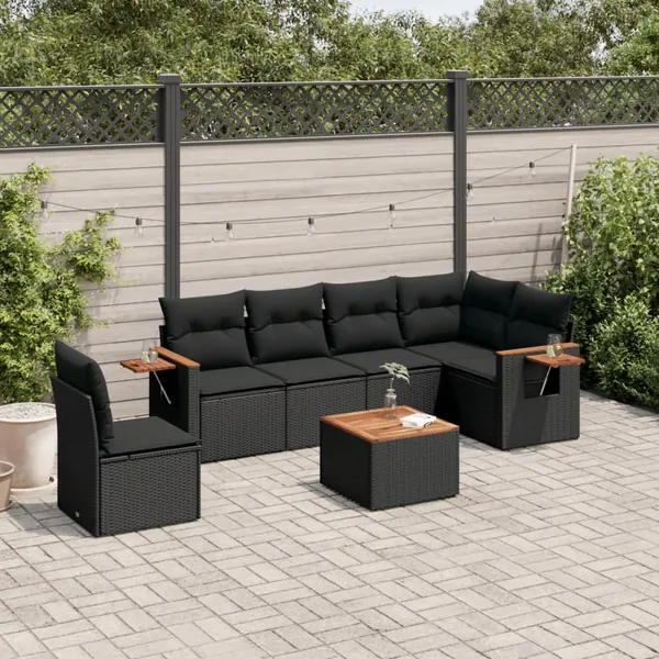 Salon de jardin 7 pcs avec coussins noir résine tressée 62 x 62 x 69 cm - 61,0 kg