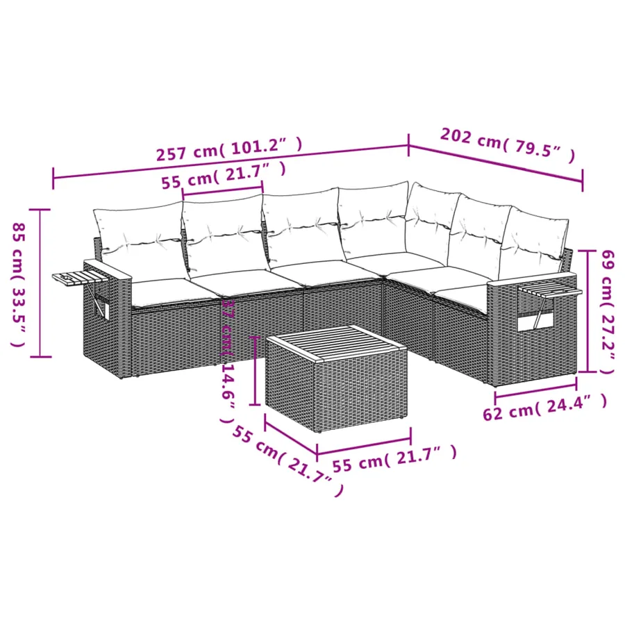 Salon de jardin 7 pcs avec coussins noir résine tressée 62 x 62 x 69 cm - 61,0 kg - 3