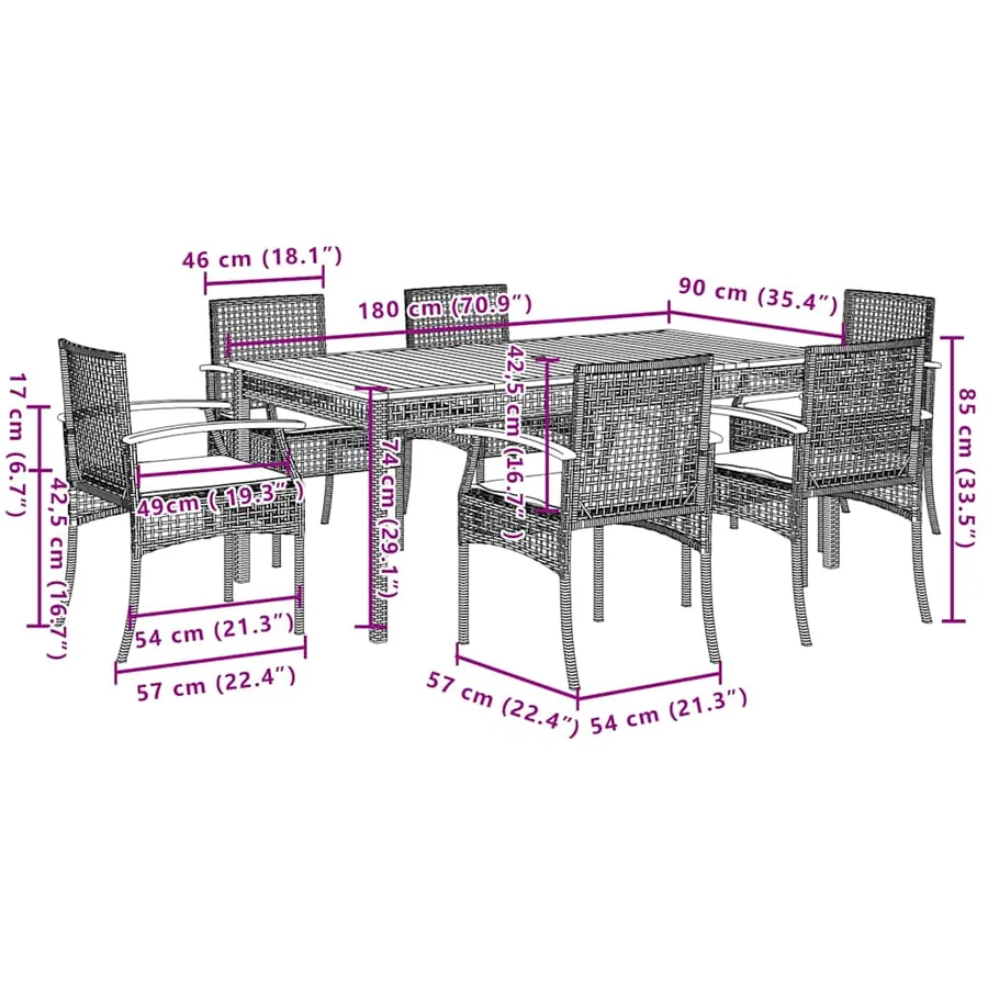 Ensemble à manger de jardin coussins 7pcs Noir Résine tressée - 6