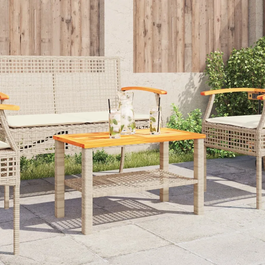Table de jardin beige 70x38x42 cm résine tressée et bois acacia - 3
