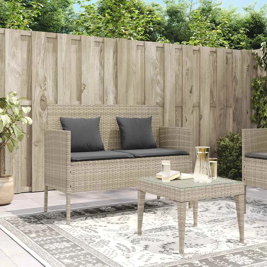 Banc de jardin avec coussins gris clair résine tressée - 3