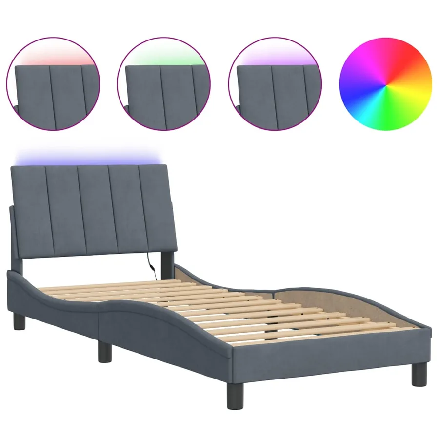 Cadre de lit avec LED sans matelas Hanko gris foncé 90x190 cm velours - 2