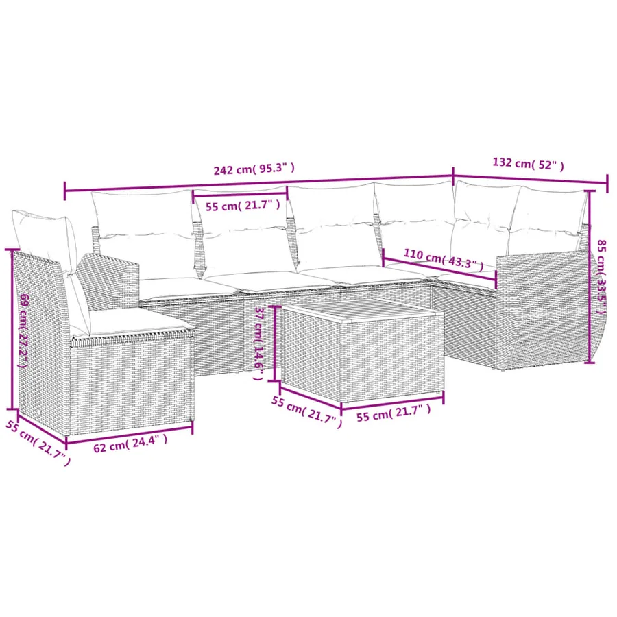 Salon de jardin avec coussins 7 pcs beige résine tressée - 3